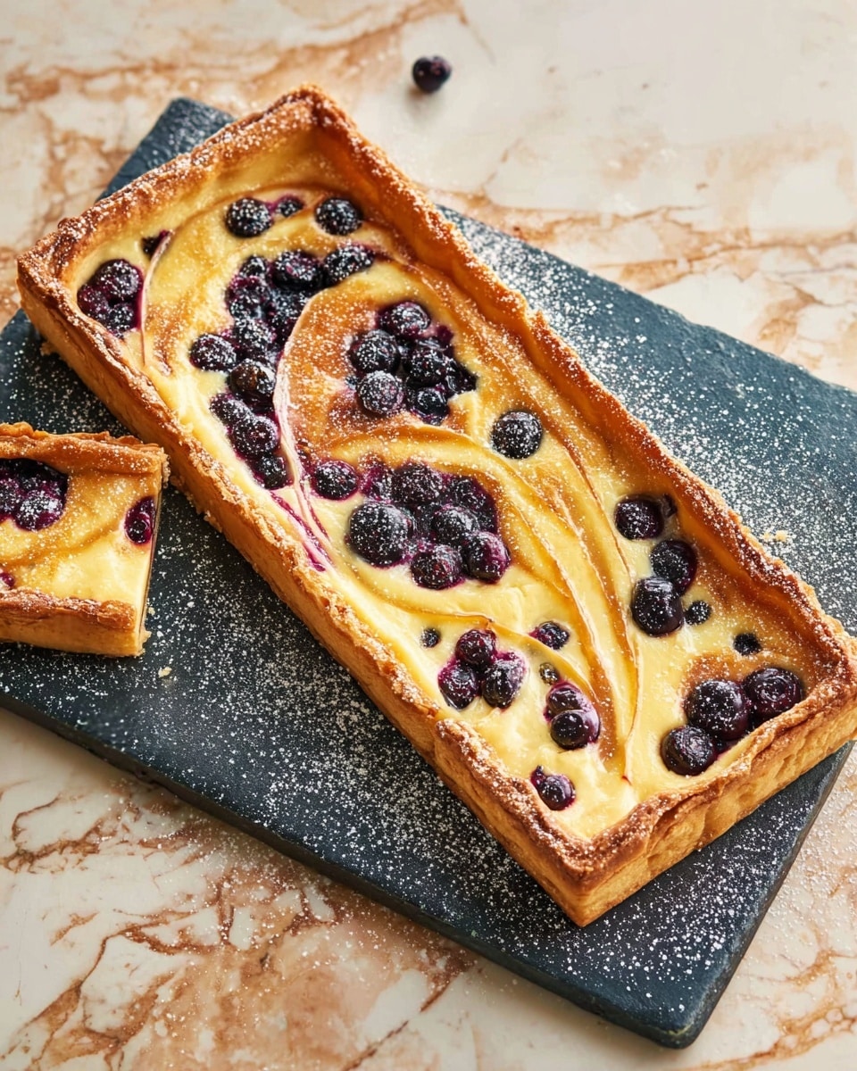 A rectangular tart with a thick, golden brown puff pastry crust forms the base layer, with visible flaky edges. The middle layer is a creamy, light yellow custard that fills the tart's surface evenly. Scattered on top are whole blueberries, their deep blue color contrasting with the creamy custard, some surrounded by small purple juice stains. The tart is dusted lightly with white powdered sugar. Two pieces are cut from the bottom left corner, showing the crust’s thickness and the smooth custard inside. The tart rests on a dark slate board placed on a white marbled surface, with some pastry crumbs around. Photo taken with an iphone --ar 4:5 --v 7