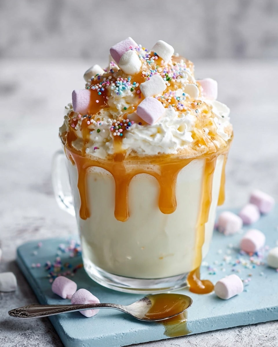 A clear glass cup filled with a creamy white drink as the first layer, topped with a thick layer of white whipped cream. The whipped cream is covered with a golden caramel sauce dripping down the sides, and scattered small round pastel sprinkles. On top, there are several white and pink mini marshmallows, some standing upright and some lying flat. The glass is placed on a pale blue board with a silver spoon beside it, resting on a white marbled surface with a few pieces of white chocolate around. Photo taken with an iphone --ar 4:5 --v 7