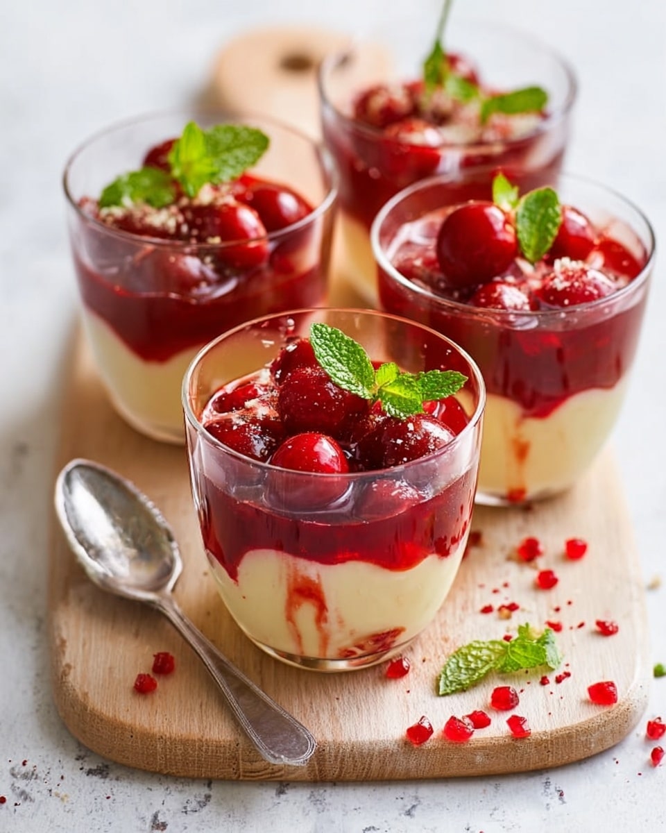 The image shows four clear glass cups arranged on a light wooden board on a white marbled surface. Each cup has two layers: the bottom layer is a deep red jelly with visible fruit pieces, and the top layer is a smooth, light cream color. On top of each dessert, there are bright red whole cherries and small fresh green mint leaves as garnish. A thin silver spoon is resting near the closest cup with a woman's hand reaching towards it. A few loose red pomegranate seeds and mint leaves are scattered around the board. The lighting is soft and natural, highlighting the glossy textures of the jelly and the creamy layer. photo taken with an iphone --ar 4:5 --v 7