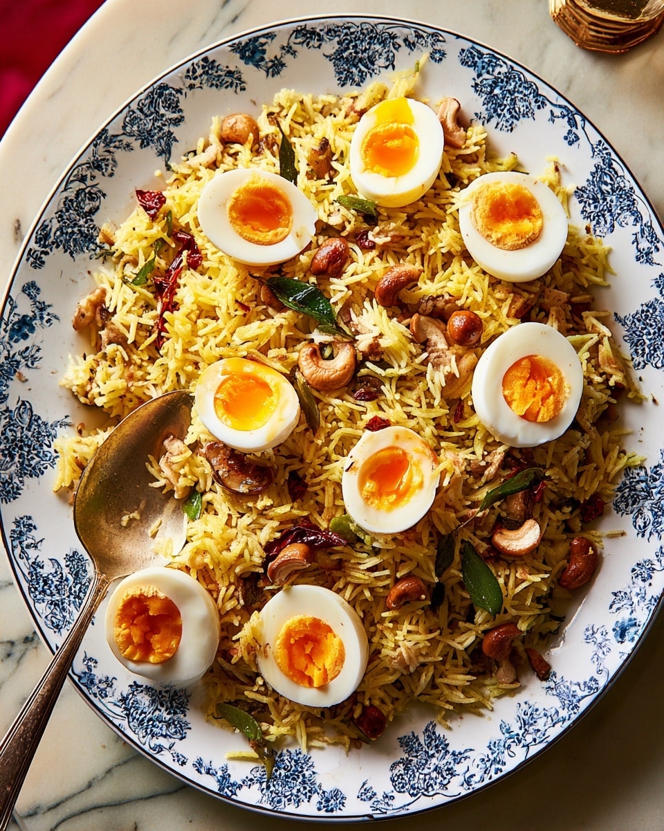 A large white plate with blue floral patterns holds a layered dish of yellow-orange spiced rice mixed with green curry leaves, brown cashew nuts, and chunks of browned meat scattered throughout. On top are seven halved boiled eggs with smooth white outer layers and bright orange yolks, positioned evenly over the rice. A silver spoon rests on the edge of the plate, scooping some rice and a halved egg. The plate is set on a white marbled surface with golden decorative stars nearby. photo taken with an iphone --ar 4:5 --v 7