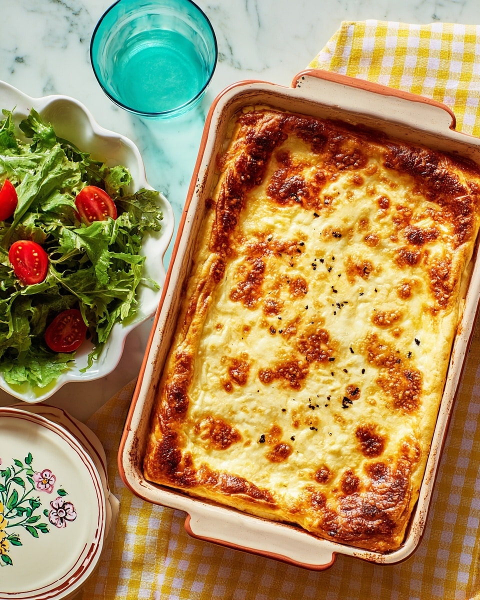 A rectangular baked dish with three visible layers: the bottom layer is a thick, golden-brown crust with slightly raised edges, the middle layer is a rich, dark red tomato sauce spread evenly, and the top layer is melted, bubbly cheese with golden brown spots and some black pepper sprinkled on it, all inside a white baking dish placed on a white marbled surface. Next to the dish, a brown scalloped salad bowl holds a fresh green salad with leafy greens and halved cherry tomatoes, sitting on a yellow checkered tablecloth. A blue-green glass and a small white salt shaker with green floral design are beside the salad. Photo taken with an iphone --ar 4:5 --v 7