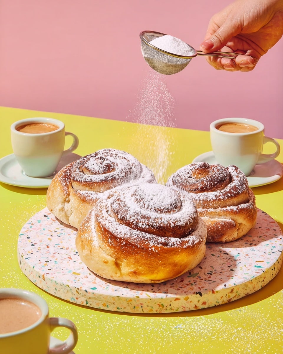 Three round cinnamon rolls with a golden-brown crust are placed on a white marble plate with colorful specks of blue, orange, and green. Each roll has a spiral shape with layers of dough visible, and they are lightly dusted with white powdered sugar being sprinkled from a small silver mesh sieve held by a woman's hand above them. The scene includes two cups of light brown coffee in white mugs to the right on a bright yellow surface, all set against a soft pink background. Photo taken with an iphone --ar 4:5 --v 7