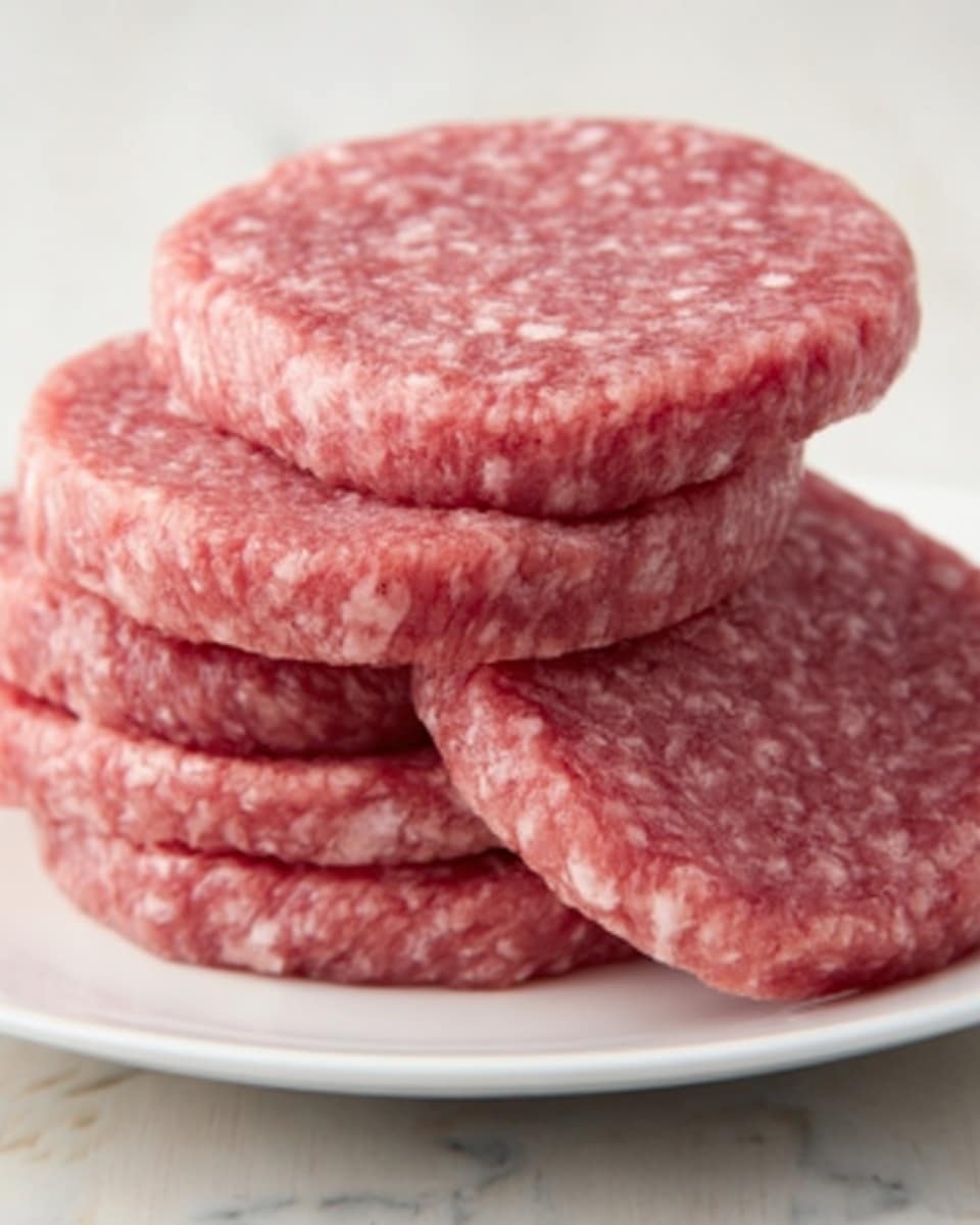 The image shows a white plate on a white marbled surface, holding six round, raw sausage patties. Each patty has a pinkish color with white flecks of fat mixed throughout, giving them a marbled texture. They are stacked unevenly in two layers, with some patties leaning on each other, showing a slightly rough and moist surface. The lighting highlights the shiny freshness of the meat, with soft shadows underneath. Photo taken with an iphone --ar 4:5 --v 7