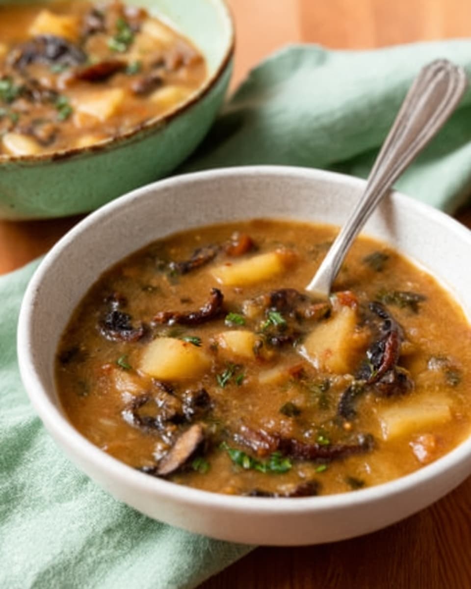 A white bowl filled with thick brown soup containing white chunks and dark leafy greens. A woman’s hand is holding a spoon in the soup near the right side of the bowl. The bowl is placed on a white marbled surface with a light green cloth draped behind it. Photo taken with an iphone --ar 4:5 --v 7