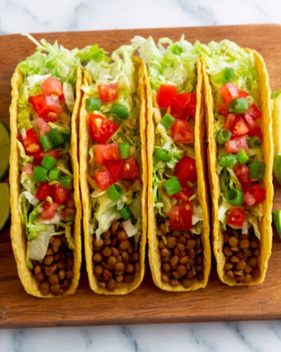 The image shows four tacos lined up on a wooden board over a white marbled surface. Each taco has a crispy light yellow shell filled with three distinct layers: the bottom layer is brown lentils, the middle layer is bright green shredded lettuce, and the top layer is a mix of small red diced tomatoes and chopped green onions. The tacos are neatly packed and the colors contrast well, making the food look fresh and tasty. Photo taken with an iphone --ar 4:5 --v 7