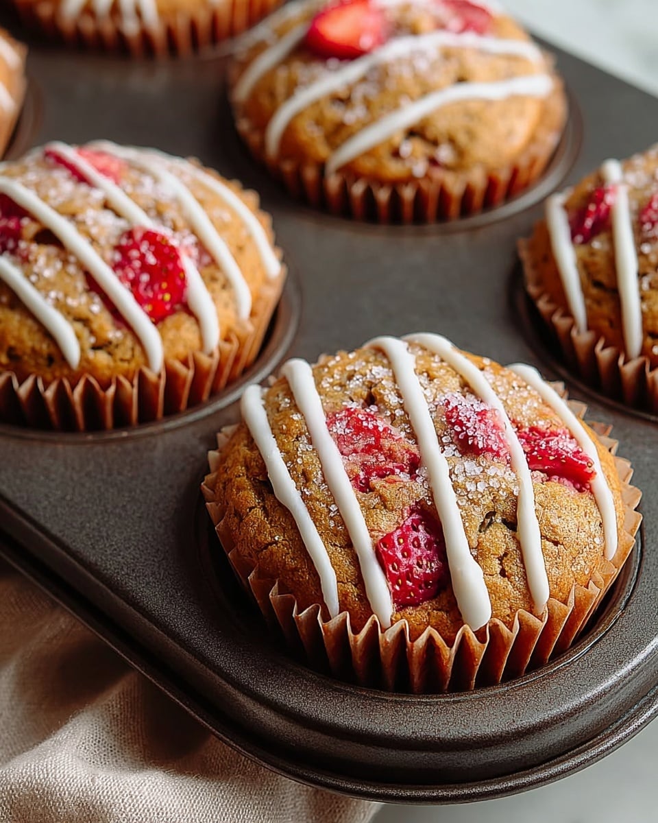 A close-up view of a golden brown muffin topped with red strawberry pieces and white icing drizzled in diagonal lines across the top, sitting in a metal baking tray with round compartments; the muffin has a slightly bumpy texture with visible strawberry chunks embedded and a light dusting of sugar on the strawberries, placed on a white marbled surface underneath the tray. photo taken with an iphone --ar 4:5 --v 7