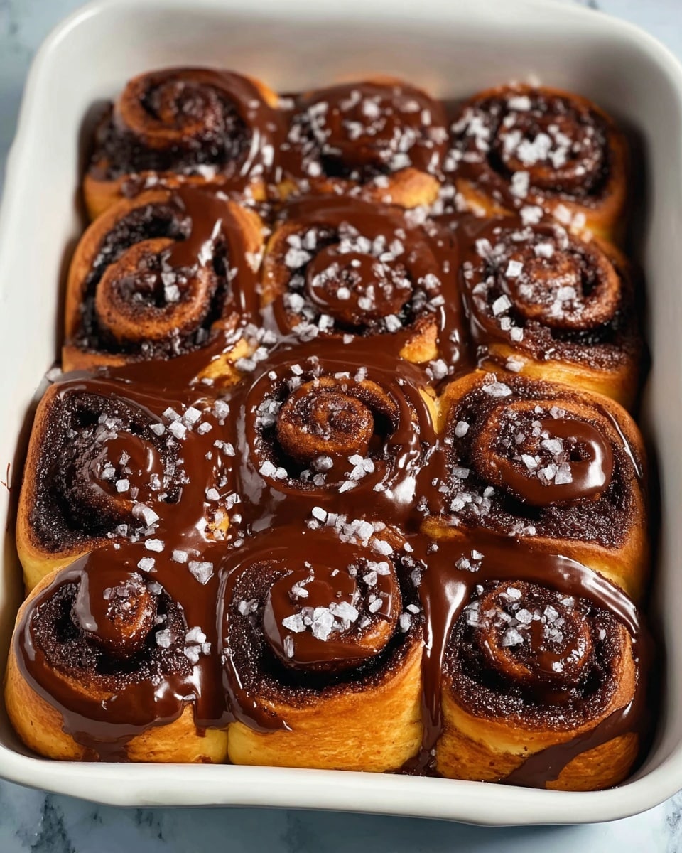 A close-up view of a white baking dish filled with six thick swirled cinnamon rolls arranged tightly together. Each roll has a golden-brown base layer of dough, topped with a dark, glossy chocolate-cinnamon filling coiled in spirals. A shiny chocolate glaze is drizzled generously over the top, creating a smooth and slightly uneven shiny texture that flows down the sides. Small white sprinkles are scattered lightly on top, adding a touch of contrast. The whole dish sits on a white marbled surface. Photo taken with an iphone --ar 4:5 --v 7