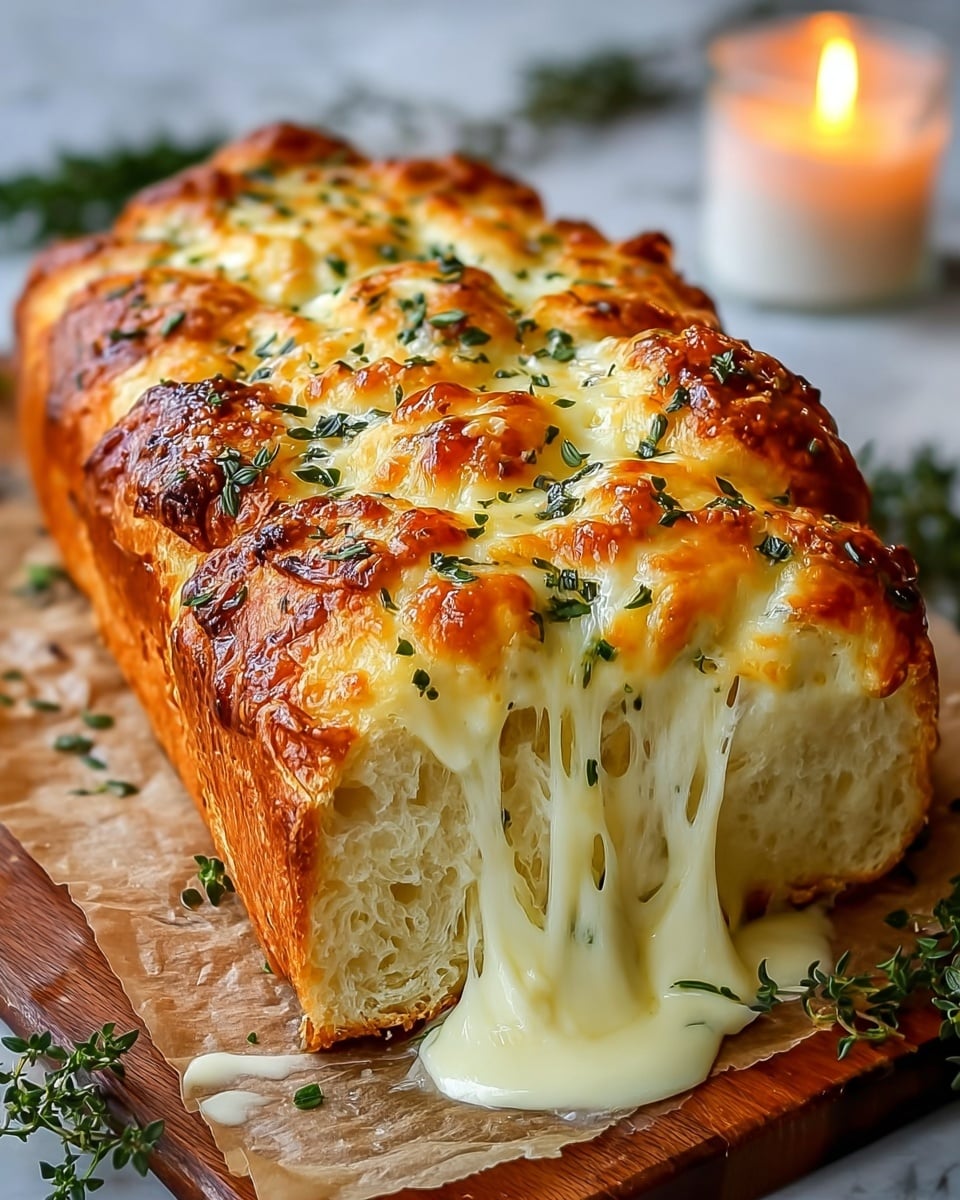 A golden-brown baked cheese bread loaf with a shiny, bubbly, slightly crisp top layer speckled with fresh green herbs, sitting on a wooden board with parchment paper underneath. The bread is pulled open at the front, showing a thick, creamy, stretchy white cheese layer flowing out, contrasting with the light, airy bread texture inside. Fresh rosemary sprigs lie scattered around the loaf, adding a fresh green touch. A small lit candle in a white holder can be seen softly glowing in the blurred background on a white marbled surface. photo taken with an iphone --ar 4:5 --v 7