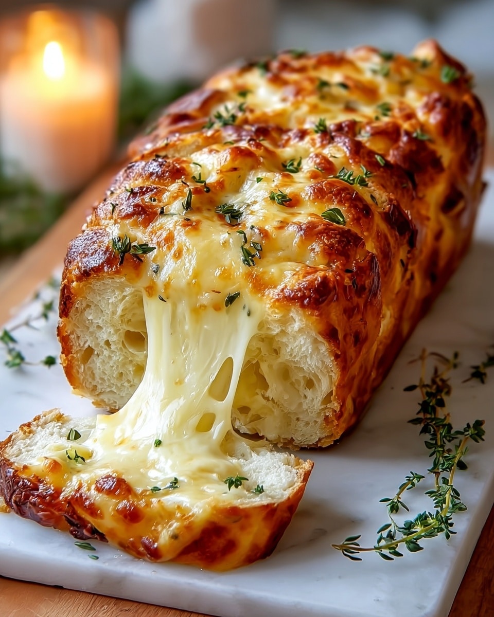A golden brown, baked pull-apart loaf bread with melted creamy cheese oozing out in thick layers between the bread segments, sprinkled with fresh green thyme leaves on top. The bread looks crispy on the outside with a soft and airy inside layer visible where the slice is pulled away, resting on a wooden board with extra thyme sprigs to the side, all set on a white marbled texture. In the background, a softly glowing candle adds a warm light. Photo taken with an iphone --ar 4:5 --v 7