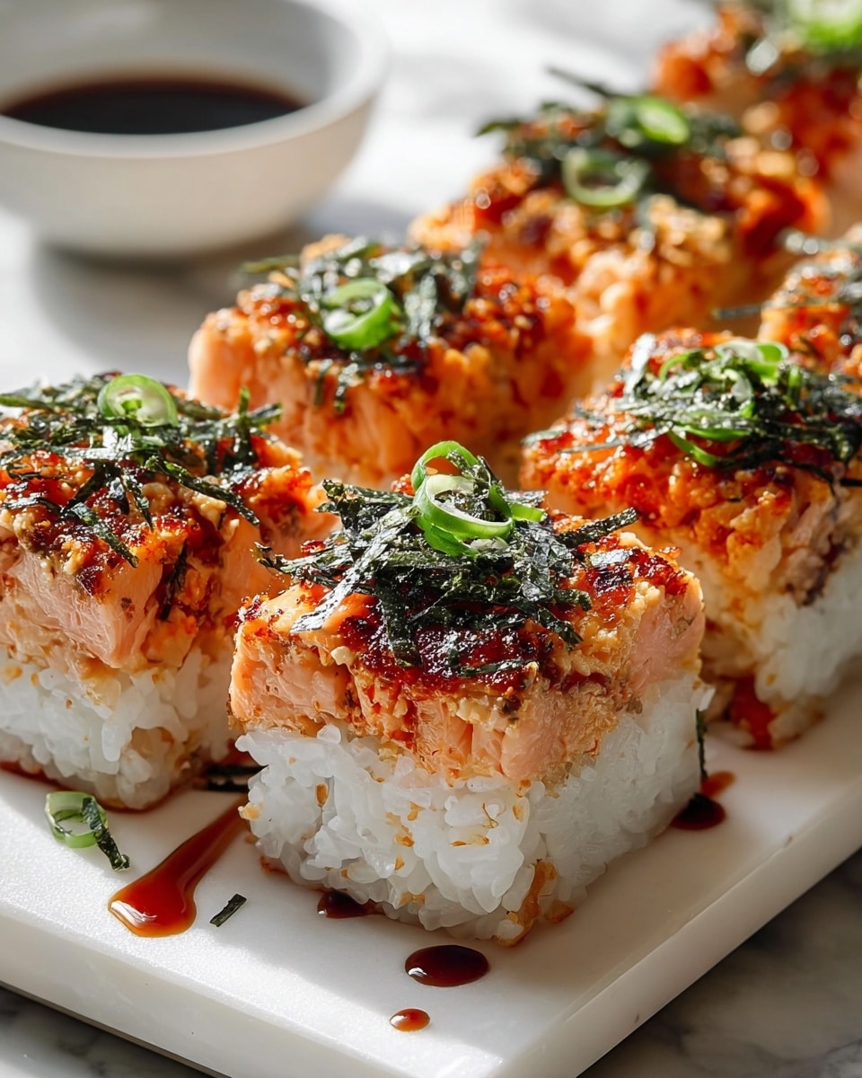 The image shows six square sushi pieces arranged on a white rectangular plate, each with two distinct layers. The bottom layer is white sticky rice with a soft and slightly rough texture, while the top layer consists of cooked salmon, which is flaky and light orange with some charred spots. On top of the salmon, thin dark green seaweed strips and small bright green sliced scallions are scattered. There is a glossy dark sauce drizzled around the sushi on the plate, adding contrast. In the background, a blurred white bowl with a dark soy sauce is visible, all set on a white marbled surface. Photo taken with an iphone --ar 4:5 --v 7