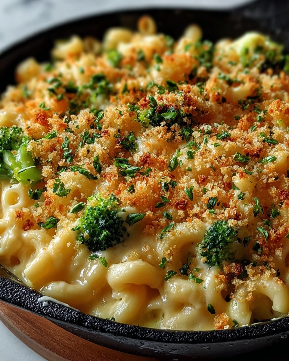 A close-up view of creamy macaroni and cheese mixed with small broccoli florets and bits of carrot, all covered with a golden brown crunchy breadcrumb topping. The macaroni is curly and yellow, coated in a smooth cheese sauce, with green parsley sprinkled throughout. The dish is served in a black cast iron skillet placed on a white marbled surface. photo taken with an iphone --ar 4:5 --v 7