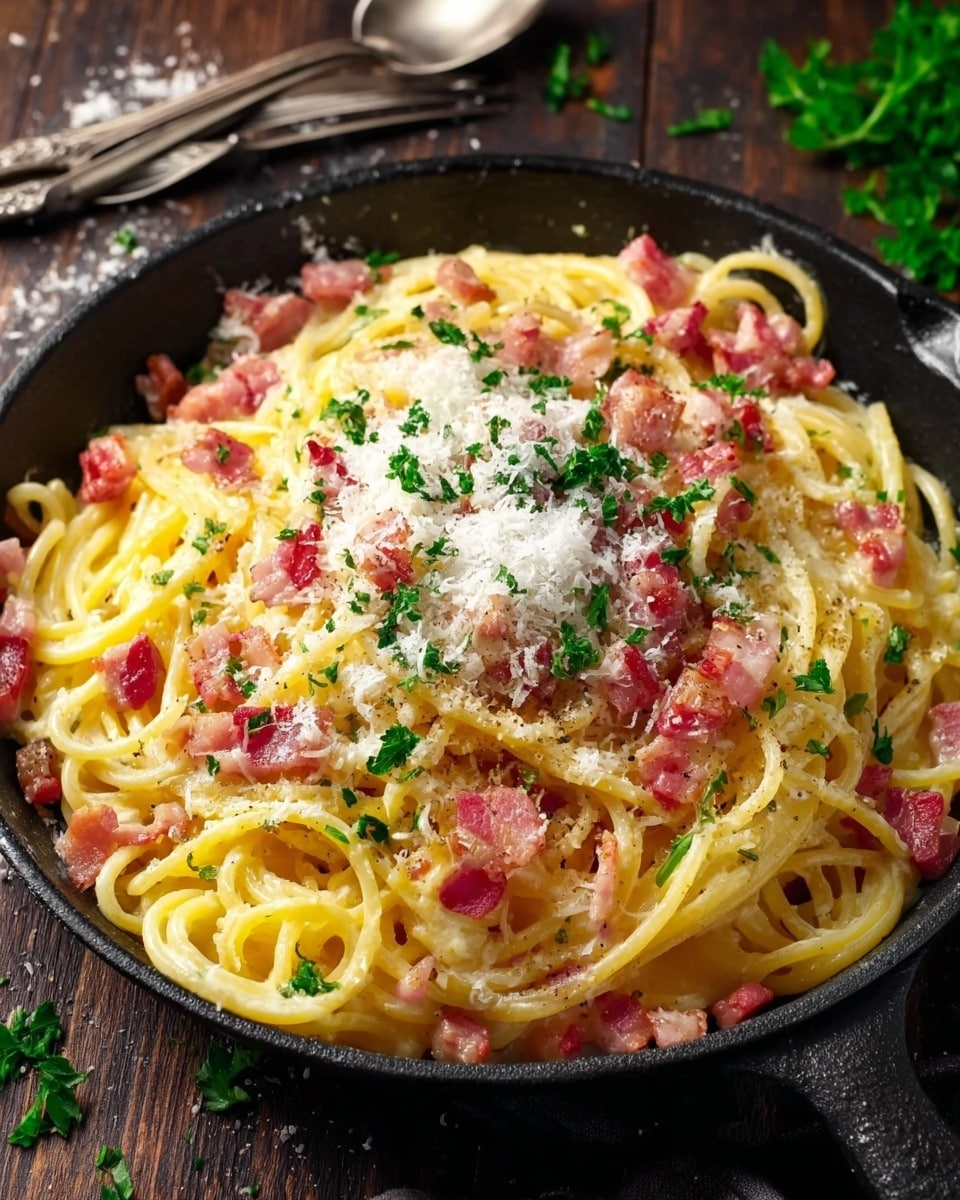 A black skillet filled with creamy yellow spaghetti pasta as the main layer, mixed with bite-sized pieces of cooked bacon showing a reddish-brown color scattered evenly on top. The pasta is sprinkled generously with grated white cheese in the center and finely chopped bright green parsley spread throughout, adding a fresh contrast. The skillet sits on a white marbled surface, with a few loose parsley bits around it. To the right side of the skillet, there are three vintage silver forks lying closely together. Photo taken with an iphone --ar 4:5 --v 7