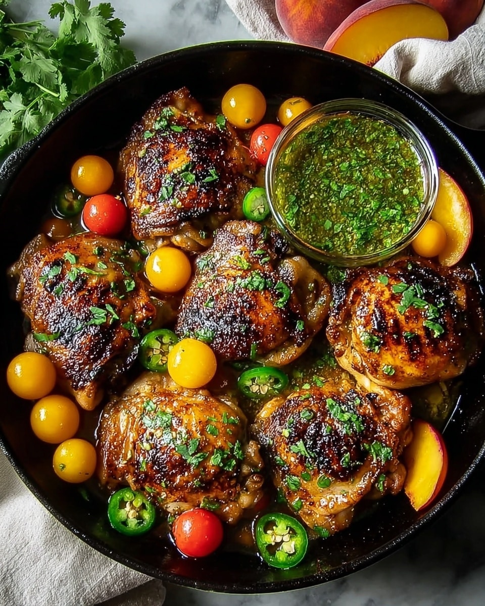 A black pan holds six grilled chicken thighs with a rich brown char and fresh green herb sprinkles on top. Scattered around the chicken are bright golden yellow cherry tomatoes and sliced juicy peach wedges with pinkish-orange skin. Two green jalapeno slices sit near the peaches, adding a pop of color. In the upper left of the pan, a small clear glass bowl contains a vibrant green sauce with chopped herbs. The pan rests on a white marbled texture with a folded cloth nearby. photo taken with an iphone --ar 4:5 --v 7
