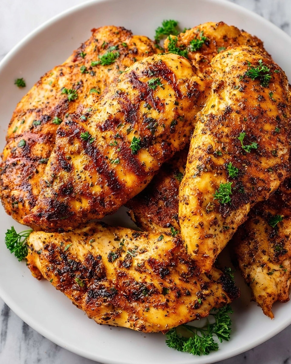 A white plate filled with several pieces of golden brown grilled chicken breast, each piece showing a textured surface with visible grill marks and seasoning specks, including black pepper and herbs. The chicken has a slightly shiny, crispy outer layer with a mix of darker and lighter brown spots, indicating it is well-cooked. Green parsley leaves are sprinkled generously on top and around the chicken, adding a fresh pop of color. The background is a white marbled texture. photo taken with an iphone --ar 4:5 --v 7