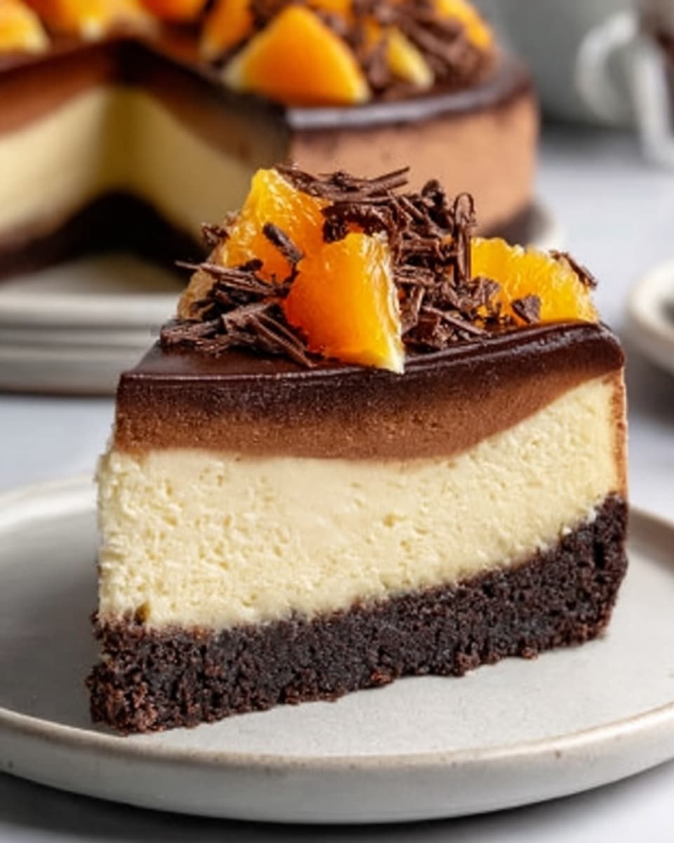 A slice of cheesecake with three distinct layers sits on a white plate on a white marbled surface. The bottom layer is a dark brown crust with a crumbly texture. The middle layer is a thick, creamy light beige cheesecake filling. The top layer is a smooth, shiny dark chocolate glaze. On top of the slice, there are bright orange wedges and thin dark chocolate shavings arranged neatly. In the blurred background, the rest of the cheesecake can be seen on a white plate. Photo taken with an iphone --ar 4:5 --v 7