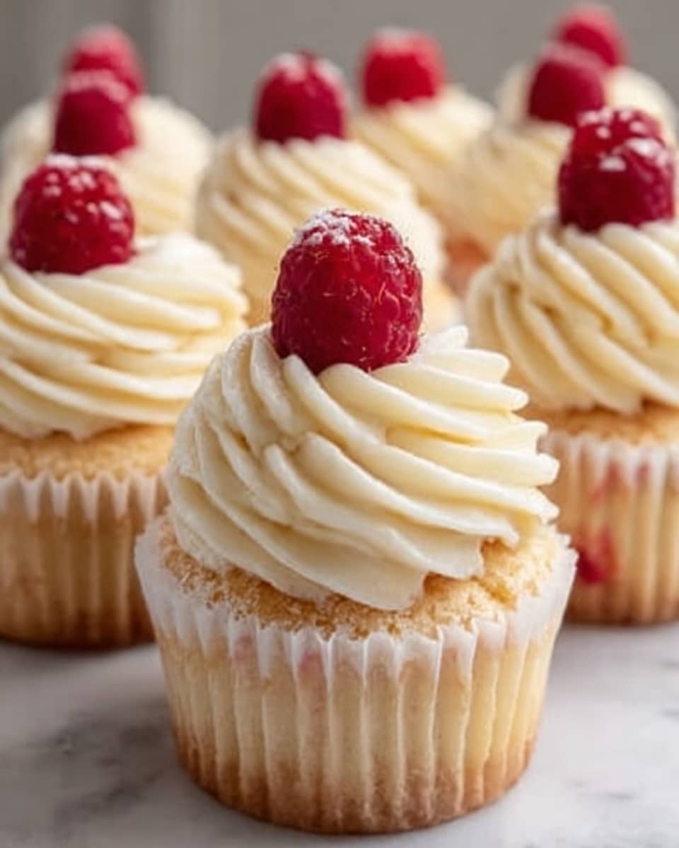 The image shows several cupcakes arranged closely on a white marbled surface, each cupcake has a light golden base with small red berry bits inside visible through the wrapper. On top of each cupcake is a thick swirl of smooth, creamy white frosting that is piped in a circular pattern creating soft peaks. Each cupcake is crowned with a single bright red raspberry covered with tiny droplets of moisture, adding a fresh look. The texture of the frosting looks light and fluffy, contrasting with the slightly rough texture of the berry and the soft cake below. The photo is taken with an iphone --ar 4:5 --v 7