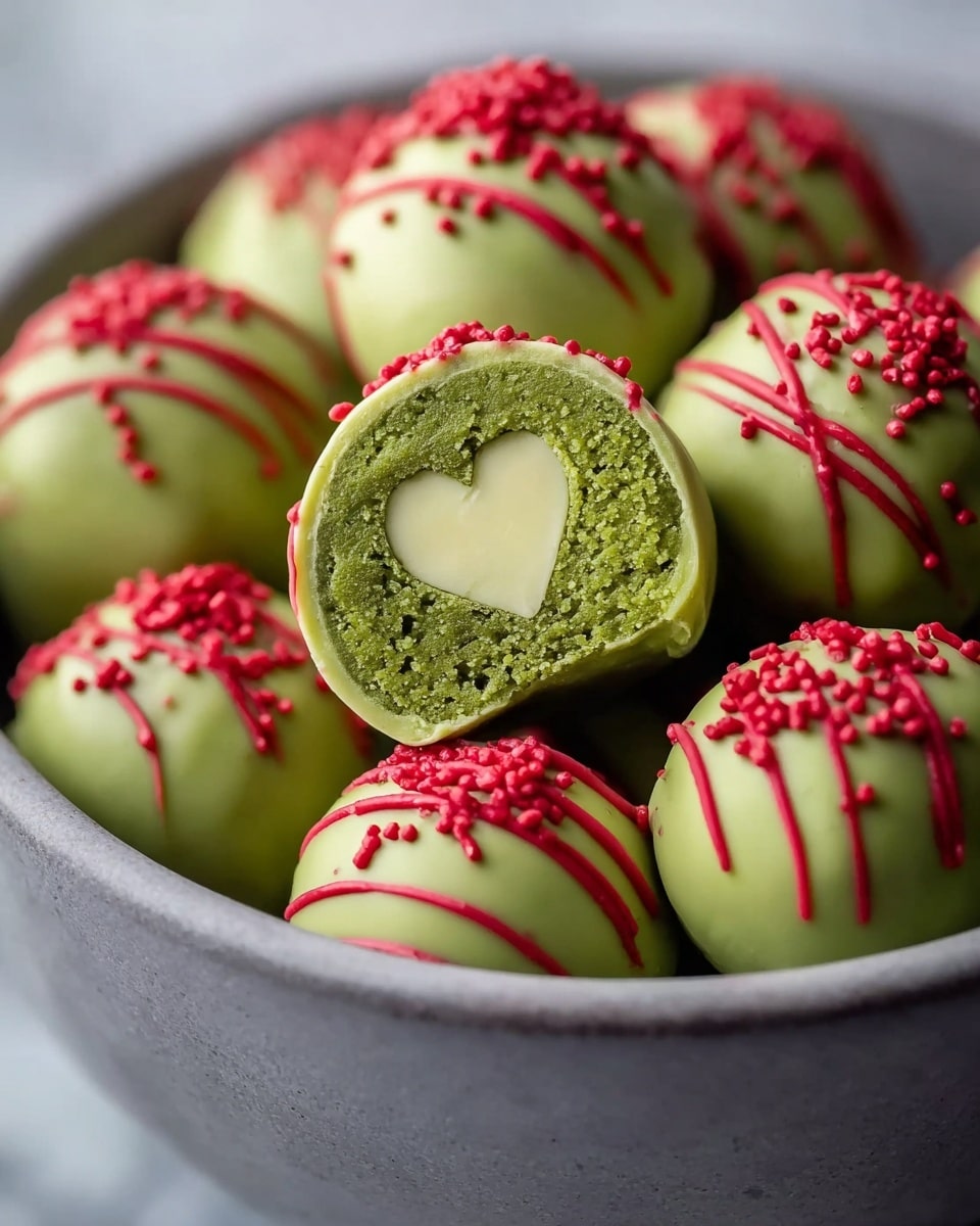 A close-up shot of round sweets stacked in a white bowl on a white marbled surface, each sweet coated with smooth light green icing; the top portion of each is decorated with small bright red sprinkles and thin dark red drizzle lines running down the sides; the front sweet is bitten, revealing a crumbly green inner layer with a small white heart shape at its center. Photo taken with an iphone --ar 4:5 --v 7