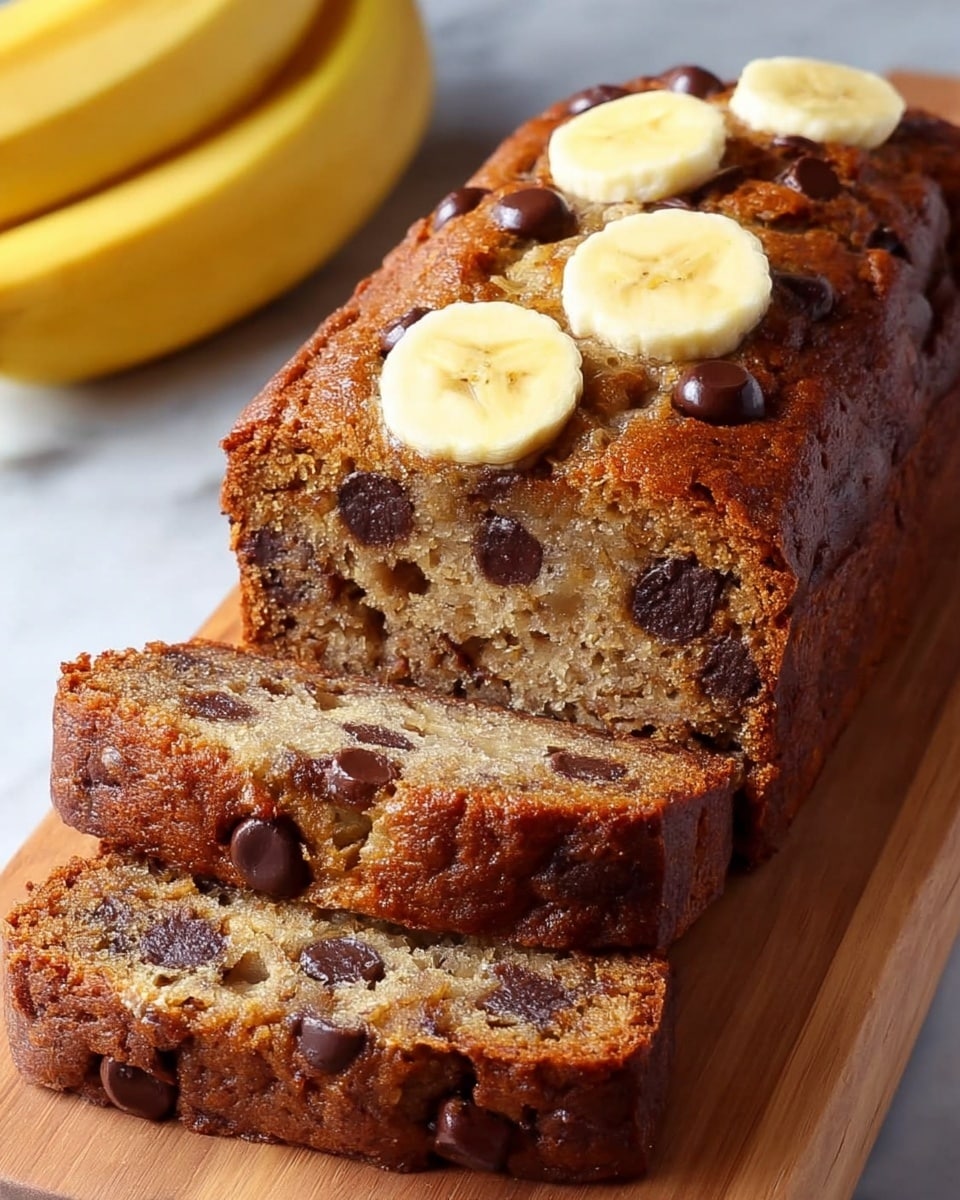 A loaf of banana bread sits on a wooden board with a white marbled background, sliced to show two visible thick slices in the front and the remaining loaf at the back. The bread has a brown, slightly crispy crust and a light brown interior filled with dark chocolate chips throughout. On top of the loaf are five pale yellow banana slices arranged evenly, and two more banana slices rest on the front slices, enhancing the look of moist texture and richness. In the background, two whole bananas are slightly out of focus. Photo taken with an iphone --ar 4:5 --v 7