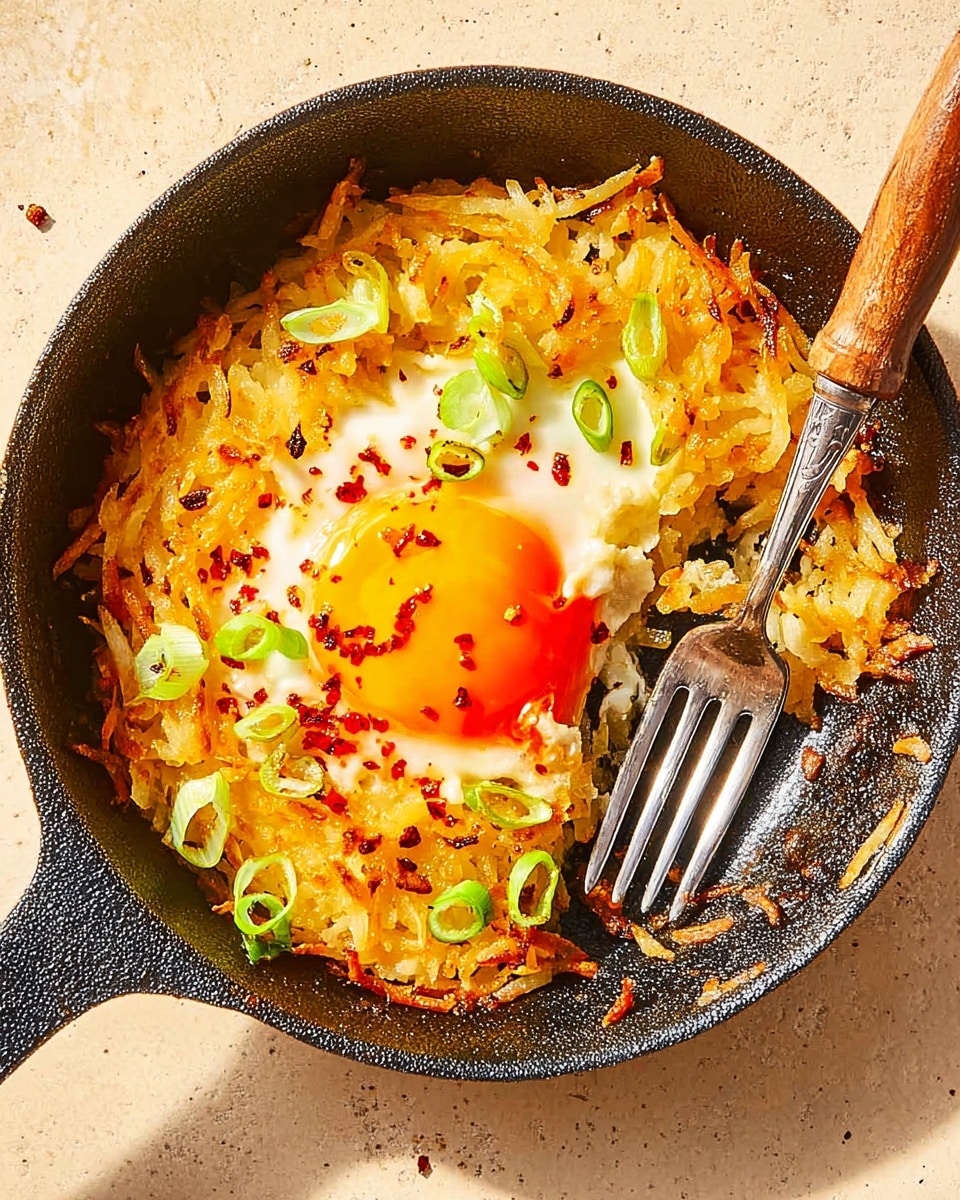 The image shows a single-layer potato rösti cooked in a black cast-iron pan. The rösti is golden brown and crispy around the edges with a slightly soft and light center. A fried egg with a bright red yolk is placed in the center, surrounded by the golden potato layer. The dish is topped with chopped green spring onions and small red pepper flakes scattered on top. A silver fork with a wooden handle rests inside the pan on the right side, with a small portion of rösti on its prongs. The pan sits on a textured white marbled surface. photo taken with an iphone --ar 4:5 --v 7