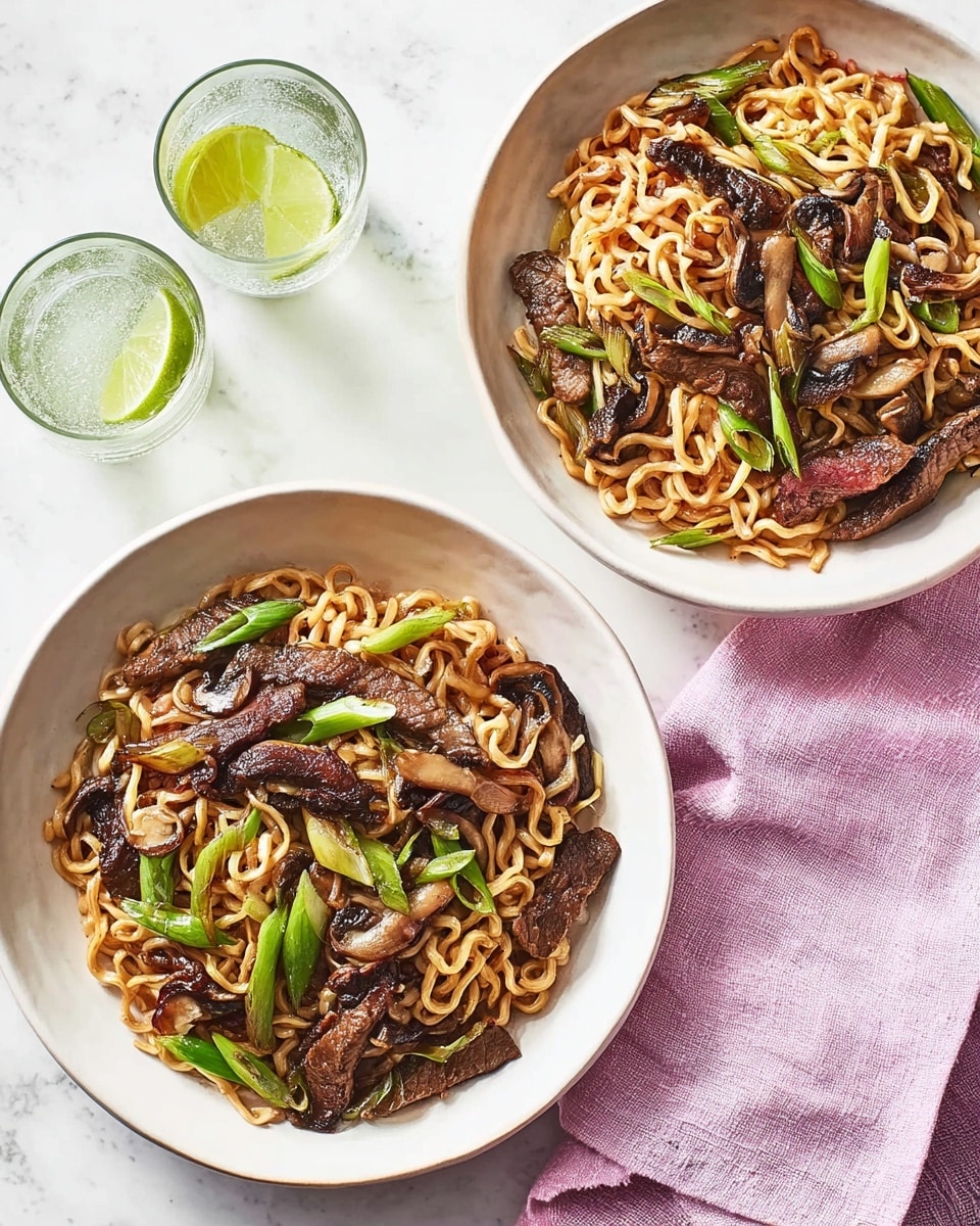 Two white bowls sit on a white marbled surface, each filled with a stir-fry dish. The stir-fry has three main layers: the base layer is light brown cooked noodles, topped with dark brown grilled mushrooms and tender light brown strips of beef, and finished with bright green slices of scallions scattered on top. Next to each bowl is a clear glass with a slice of lime inside. A pale pink napkin is folded by the upper left bowl, and a purple cloth sits under the lower right bowl, adding soft color to the scene. photo taken with an iphone --ar 4:5 --v 7