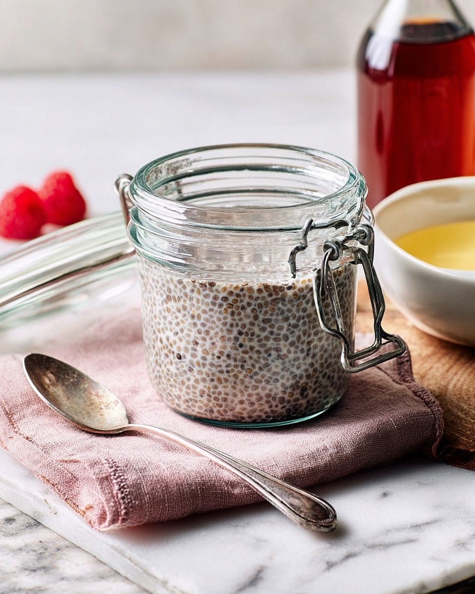 A glass jar filled with chia pudding, showing the small, gelatinous white and gray chia seeds soaked in a creamy liquid, filling the jar nearly to the top. The jar is placed on a white marbled surface with a soft pink cloth underneath part of it. To the left of the jar, there is a small bottle with reddish liquid and a metal spoon resting on the pink cloth. On the right side, part of a white bowl with yellow contents sits on a white marbled tray alongside a fresh red raspberry. Photo taken with an iphone --ar 4:5 --v 7