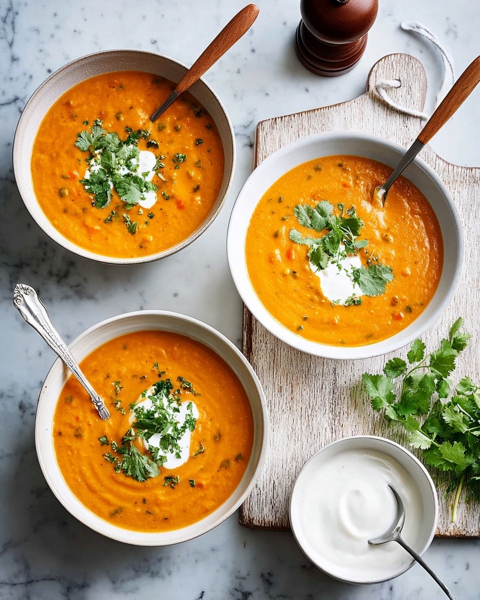 Three white bowls filled with creamy orange soup that has a smooth texture with some small bits inside. Each bowl has a dollop of white cream in the center, topped with green cilantro leaves scattered on top and around. Two bowls have wooden-handled spoons resting inside, one spoon is upright in the soup, and the other spoon lies horizontally at the bowl's edge. The bowls sit on a white marbled surface with a white wooden board nearby holding a small white bowl of white cream with a spoon inside, some loose cilantro leaves, and a dark pepper grinder. photo taken with an iphone --ar 4:5 --v 7