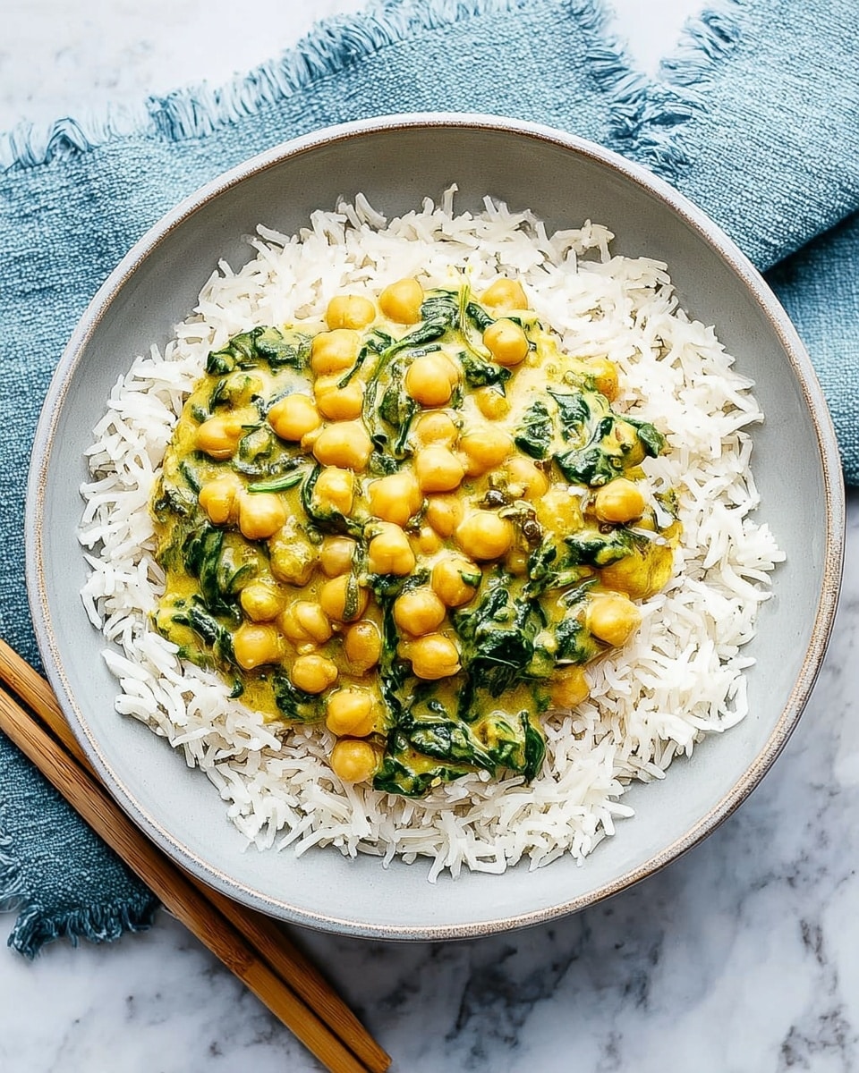 A round white bowl holds a dish with two layers arranged clearly; the bottom layer is white, fluffy basmati rice with long grains spread evenly across the base, while the top layer is a creamy chickpea and spinach curry. The curry consists of tender light yellow chickpeas mixed with bright dark green spinach leaves, all coated in a smooth, pale yellow sauce with visible small onion pieces. The bowl sits on a white marbled surface next to a wooden chopstick with a woman's hand reaching toward it from the right side. photo taken with an iphone --ar 4:5 --v 7