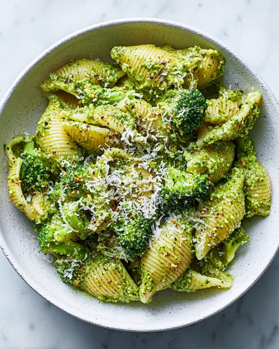 A white bowl filled with large pasta shells covered in a green pesto sauce with visible small bits of herbs and nuts. Scattered on the pasta are small, bright green broccoli florets with a slightly roasted texture. On top of the dish is a light sprinkle of grated white cheese that adds a slightly fluffy texture, contrasting with the smooth pesto-covered pasta. The bowl is placed on a white marbled surface. photo taken with an iphone --ar 4:5 --v 7