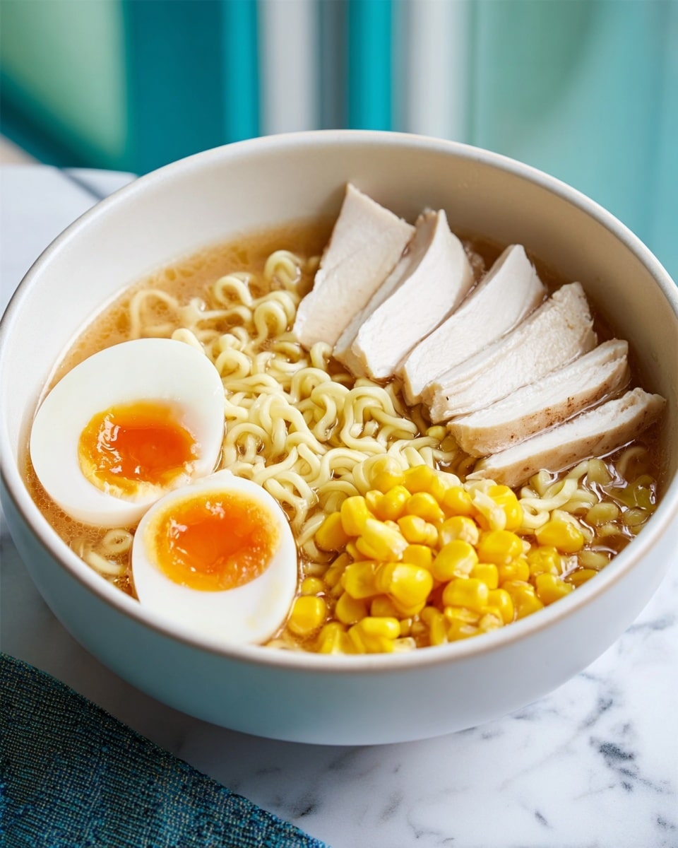 A white bowl filled with ramen noodles at the bottom, topped with a layer of bright yellow corn kernels in the center. On one side, several slices of light beige cooked chicken are neatly placed in a fan shape. On the opposite side, half of a soft-boiled egg with a bright orange yolk and white edges is visible. The bowl is set on a white marbled surface with a blue background. Photo taken with an iphone --ar 4:5 --v 7