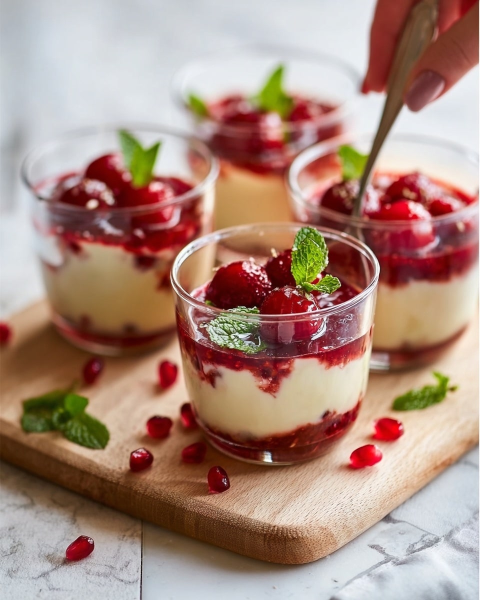 The image shows four clear glasses placed on a light wooden board on a white marbled surface. Each glass contains a dessert with three main layers: a bottom deep red fruit jelly with visible pieces of fruit, a middle creamy pale yellow layer, and a topping of bright red whole cherries and fruit bits. Fresh green mint leaves are placed on top of each glass, adding a pop of color. One small silver spoon lies on the board next to the front glass. Scattered mint leaves and little red seeds are seen on the board around the glasses. Photo taken with an iphone --ar 4:5 --v 7