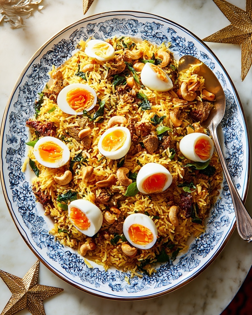 The dish is a large white plate with blue floral patterns filled with three main layers: the bottom layer is long-grain yellow rice mixed with small pieces of brown meat and scattered green curry leaves, cashew nuts, and red dried chili pieces, creating a textured and colorful base; on top of this are halved soft-boiled eggs arranged in a circular pattern, showing bright white egg whites and vibrant orange, slightly runny yolks; a silver spoon rests on the plate, scooping some rice and an egg half; the overall scene is on a white marbled surface with a warm tone from soft lighting. photo taken with an iphone --ar 4:5 --v 7