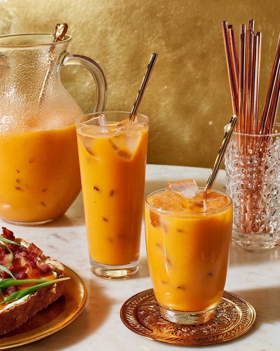 The image shows two clear glasses and a large clear pitcher filled with a creamy orange drink with visible ice cubes inside. Each glass contains golden metallic straws, and the pitcher has a hammered texture on the upper part with a twisted metal stirrer inside. The glasses sit on round, golden coasters with star patterns, next to some golden star-shaped decorations on a white marbled surface. Part of a white plate topped with grilled green vegetables and crispy bacon strips on a creamy base is visible on the left side. The background is a smooth, warm golden color. Photo taken with an iphone --ar 4:5 --v 7