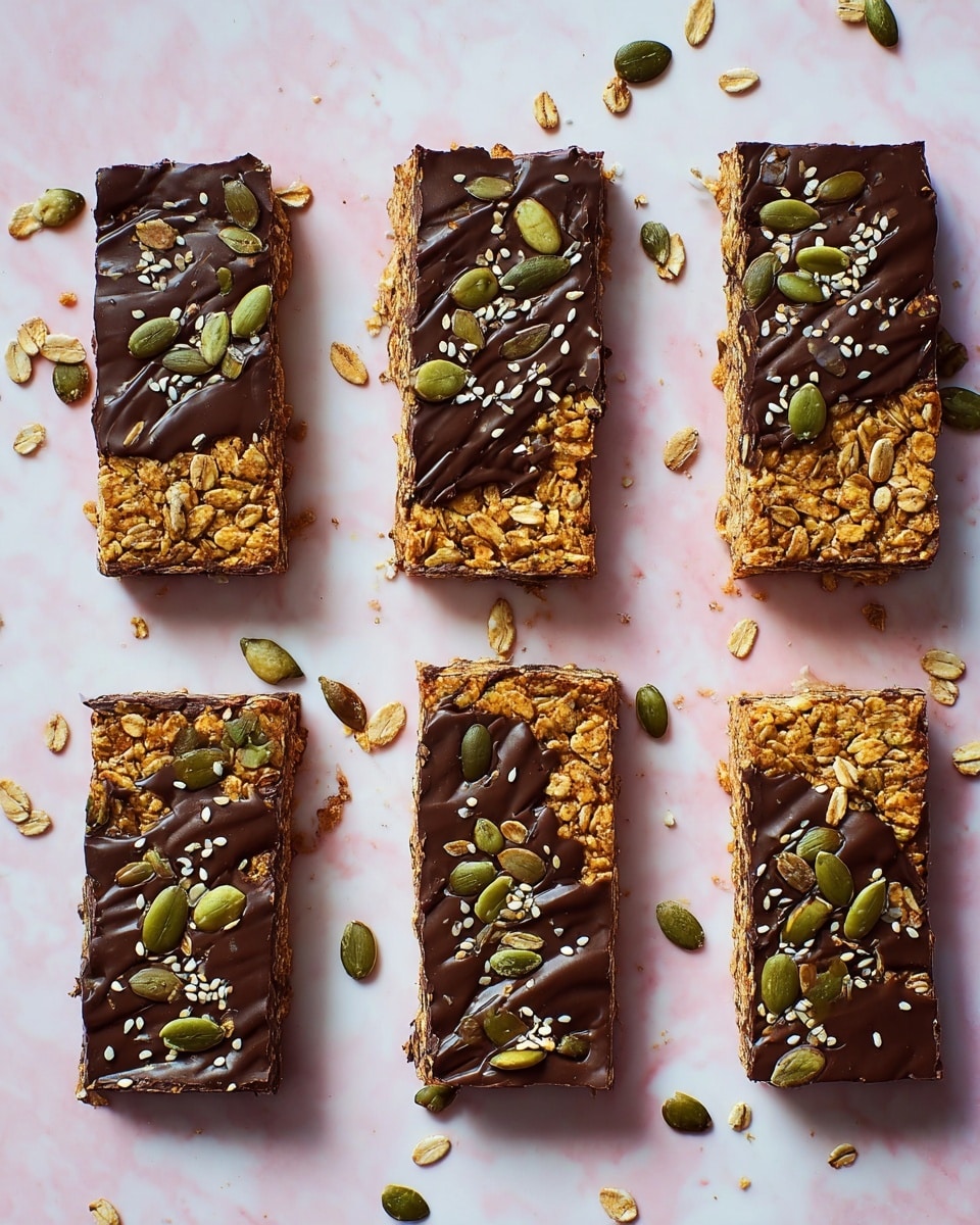 Six rectangular bars are placed on a pink surface, each with two main layers: a lighter brown crumbly base layer and a glossy dark chocolate top layer that is spread unevenly, creating a diagonal pattern on each bar. The bars are sprinkled with a mix of seeds, including green pumpkin seeds and smaller light-colored seeds, both on the chocolate and around the bars on the surface. The texture of the base looks rough and grainy, while the chocolate layer is smooth and shiny. The bars are arranged in two rows of three, with small seeds scattered around them on the surface. photo taken with an iphone --ar 4:5 --v 7