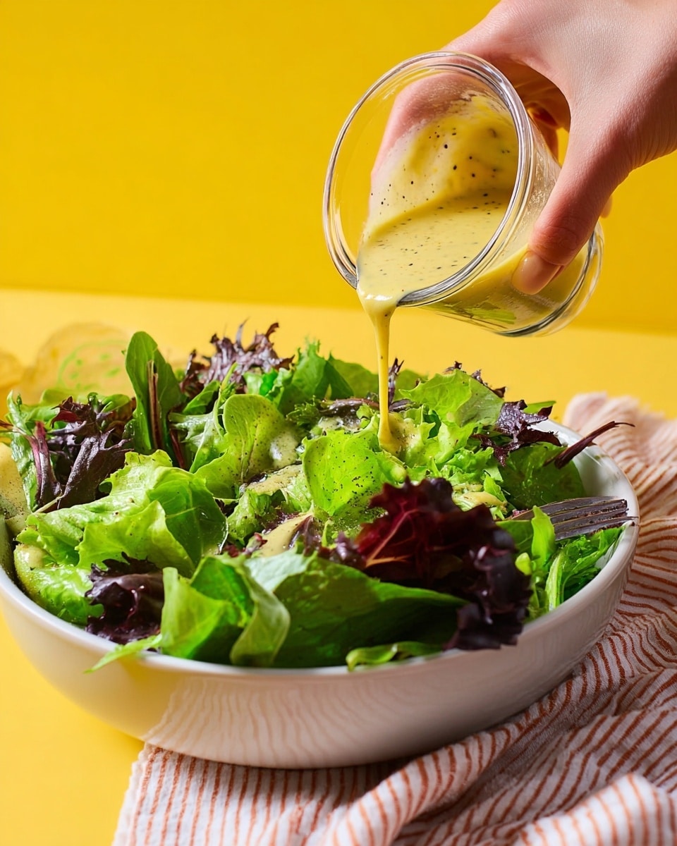 A white bowl with thin blue stripes holds a fresh green salad made of several layers of leafy greens; the greens vary from light to dark green with some purplish-red leaves mixed in, giving a rich, textured look. Above the bowl, a woman's hand is tilting a clear glass container, pouring mustard-yellow dressing with visible small grainy bits onto the salad, with the dressing flowing smoothly over the leaves. The bowl sits on a white marbled surface and a piece of orange and white striped cloth is partially visible on the right side, while the background is bright yellow. Photo taken with an iphone --ar 4:5 --v 7