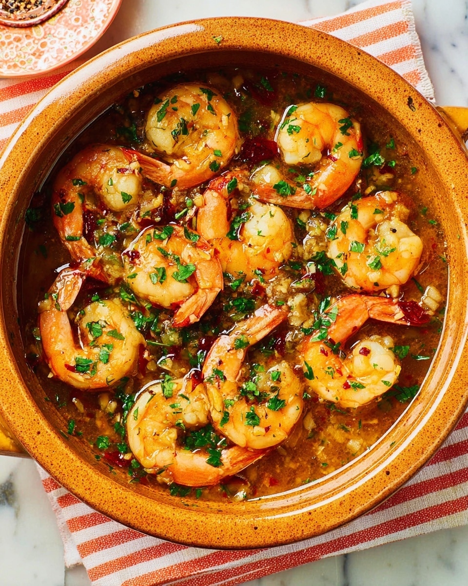 A round brown ceramic bowl with two handles holds a dish of cooked shrimp. The shrimp are large, orange-pink with tails on, and arranged in layers with golden toasted garlic slices and red chili peppers visible among them. The dish has a golden oily sauce at the bottom, sprinkled with chopped fresh green herbs and black pepper. The bowl is placed on a white marbled surface covered partially by a pink and white striped cloth and a pink square with white polka dots underneath. The overall look is bright, warm, and fresh, showing the shrimp glistening and garnished. Photo taken with an iphone --ar 4:5 --v 7