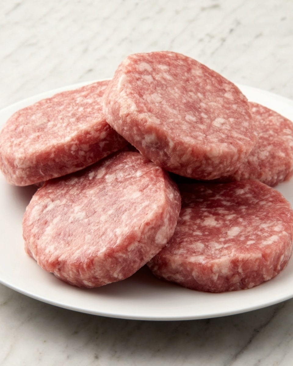 The image shows five raw sausage patties stacked but slightly spread on a white plate placed on a white marbled surface. The patties are pink with white specks of fat, showing a coarse and uneven texture. Each patty has a round shape with slightly rough edges, highlighting their fresh and uncooked state. photo taken with an iphone --ar 4:5 --v 7