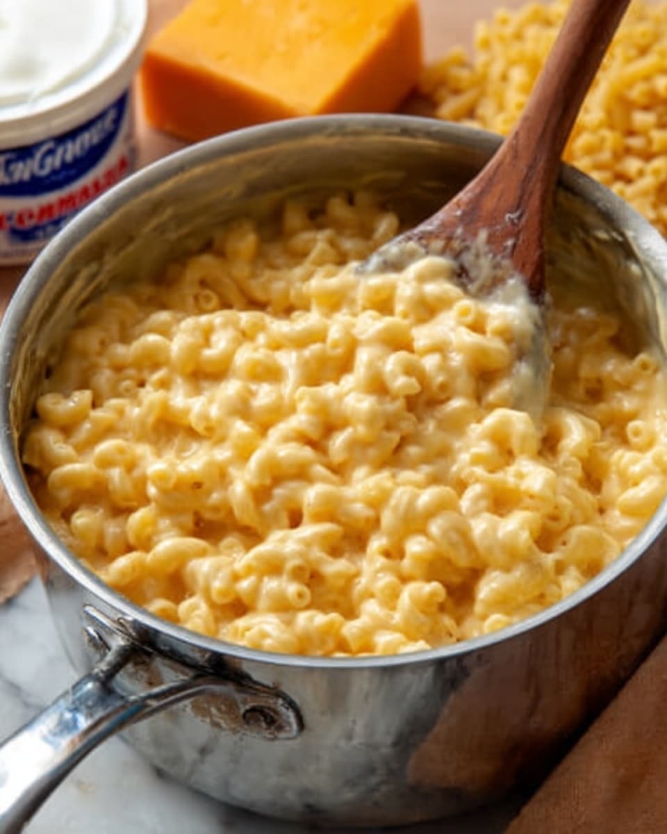 A close-up image of a metal pot filled with creamy, yellow macaroni and cheese, showing soft, elbow-shaped pasta coated evenly in smooth, melted cheese sauce. A wooden spoon rests on the side inside the pot, partially submerged in the cheesy pasta. In the background, an orange block of cheese, a white container of sour cream, and a bowl of uncooked pasta are slightly blurred, all set on a white marbled surface. The scene is warm and inviting, focusing on the rich texture of the macaroni and cheese. Photo taken with an iphone --ar 4:5 --v 7
