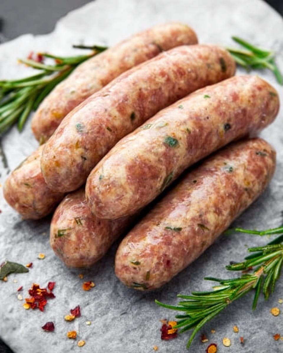 Five uncooked sausages are shown lying close together on grey parchment paper, which sits on a white marbled surface. The sausages have a light pink color with visible specks of green herbs and red spices inside. There are some scattered chili flakes and sprigs of fresh rosemary around them, adding color and detail to the composition. The texture of the sausages looks coarse but well-packed, with small bits of meat and seasoning visible through the slightly shiny casing. Photo taken with an iphone --ar 4:5 --v 7