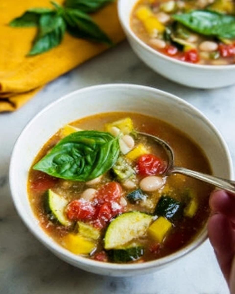 A white bowl filled with a colorful vegetable soup sits on a white marbled surface. The soup has several visible layers: bright red tomato chunks, soft yellow pieces of squash, white beans, and some green spinach leaves, all floating in a clear broth. Fresh green basil leaves garnish the top, adding a touch of color and freshness. A silver spoon is dipped into the bowl, held by a woman's hand, ready to scoop up the soup. The setting is warm and inviting. Photo taken with an iphone --ar 4:5 --v 7