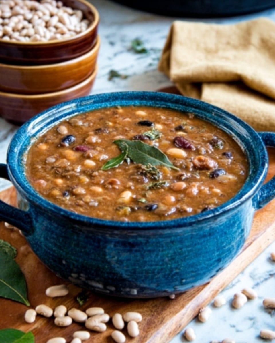 A large blue ceramic bowl filled with thick, creamy stew made of mixed beans, visible black-eyed peas, and small chunks of vegetables, topped with fresh green herbs and a couple of bay leaves in the center. The bowl sits on a white marbled surface scattered with dry mixed beans around it. In the background, there are stacked brown bowls, a beige cloth napkin, and a wooden spoon, all softly out of focus. Photo taken with an iphone --ar 4:5 --v 7