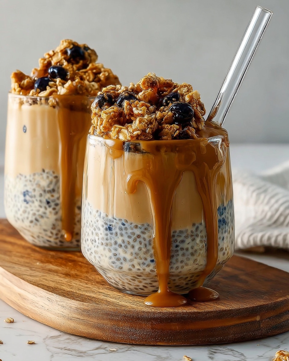 Two clear glass cups are filled with three layers each, sitting on a wooden board with a silver spoon beside them. The bottom layer is white chia pudding with tiny black chia seeds and some dark spots, showing a smooth, creamy texture. The middle layer is a thick, light brown coffee or caramel cream that slowly drips down the sides of the glass. The top layer is a crumbly, golden-brown topping with some darker brown pieces, giving a crunchy look. One glass holds a light-colored straw and a metal spoon. The background is a white marbled texture. Photo taken with an iphone --ar 4:5 --v 7