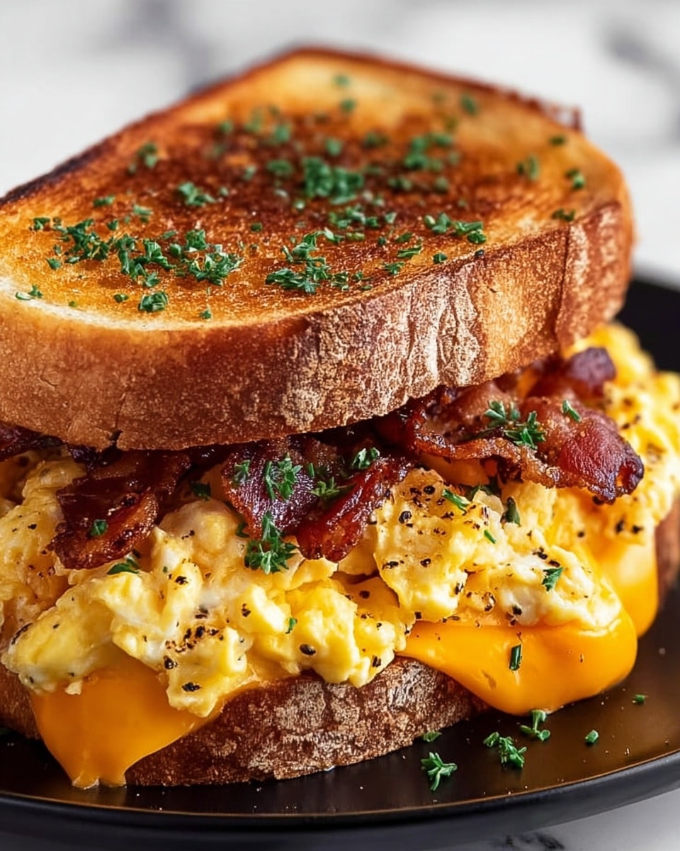 A close-up view of a sandwich showing three main layers: the top layer is a golden-brown toasted bread slice sprinkled with small chopped green herbs; underneath, there is a layer of crispy, reddish-brown bacon pieces scattered over fluffy, light yellow scrambled eggs that look soft and creamy, with some black pepper flecks and green herbs on top; the bottom layer is a melted bright orange cheese slice resting on another toasted bread slice that is golden and crunchy. The sandwich is placed on a black plate sitting on a white marbled surface. photo taken with an iphone --ar 4:5 --v 7