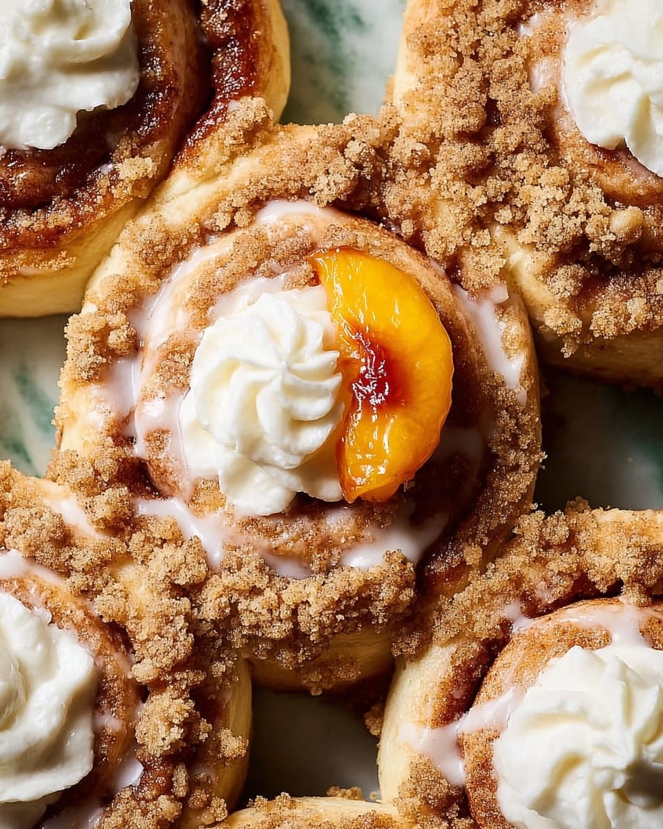 This image shows a close-up of soft cinnamon rolls covered with a light brown crumb topping spread unevenly over them. Each roll has a golden-baked swirl with some white icing drizzled across the rolls, blending into the crumb topping. On top, there are dollops of thick, creamy white frosting placed on some of the rolls, adding a smooth texture contrast. One roll has a piece of caramelized peach with a shiny, glazed look, positioned near the center. The rolls sit on a white marbled surface. Photo taken with an iphone --ar 4:5 --v 7