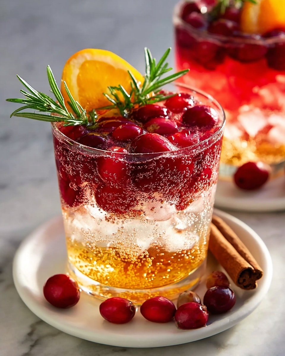 A clear glass with three visible layers: the bottom layer is golden yellow with small bubbles, the middle layer is bubbly and light pinkish, and the top layer is filled with bright red cranberries and ice cubes. Two thin orange slices and a small rosemary sprig sit on top of the cranberries. The glass is placed on a white plate with a few loose cranberries and two cinnamon sticks beside it, all set on a white marbled surface. Another similar glass is blurred in the background. Photo taken with an iphone --ar 4:5 --v 7