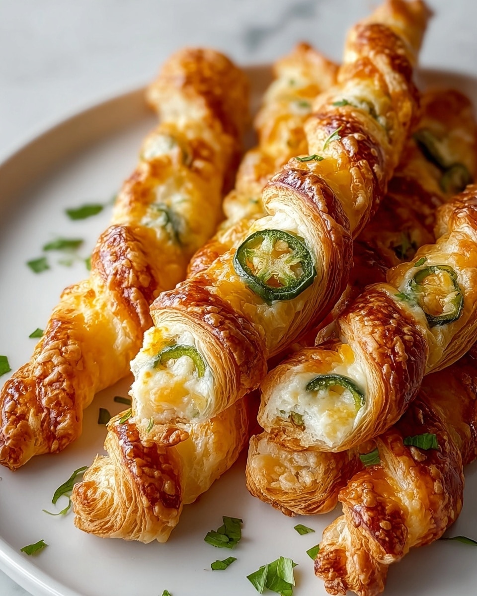 The image shows several golden brown pastry sticks arranged on a white plate with a white marbled texture background. Each pastry stick is twisted, with visible layers of flaky, crispy dough. Inside the pastry, there are white creamy cheese layers topped with thin slices of green jalapeño peppers. The cheese looks melted and slightly browned with crispy edges. Small green herb leaves are scattered around the plate, adding a fresh touch to the warm colors of the pastries. photo taken with an iphone --ar 4:5 --v 7