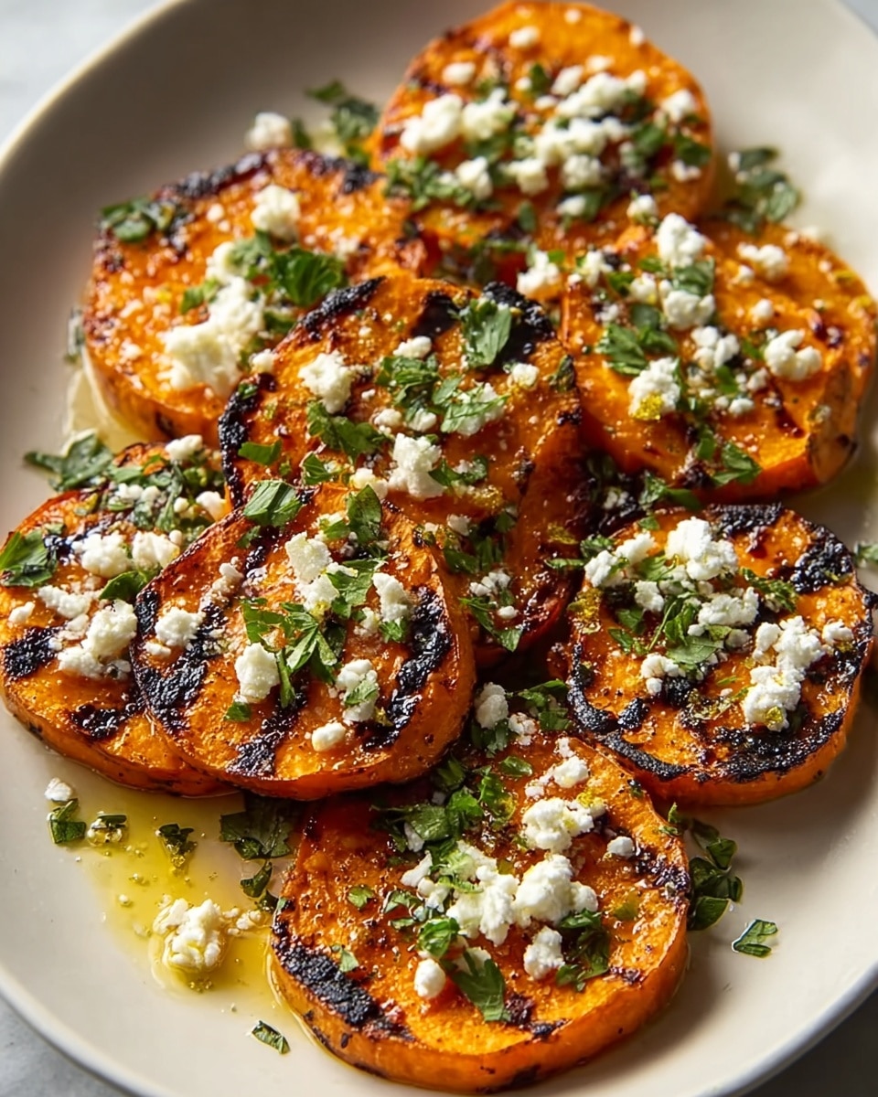 The image shows a white plate with eight round slices of grilled sweet potato arranged in a close group, each slice thick and charred with dark grill marks on the orange surface. On top of the sweet potato slices, small crumbly white cheese pieces are spread evenly, along with bright green chopped herbs sprinkled generously. Light golden oil is drizzled over the dish, giving it a shiny, fresh look. The background is a white marbled texture. photo taken with an iphone --ar 4:5 --v 7