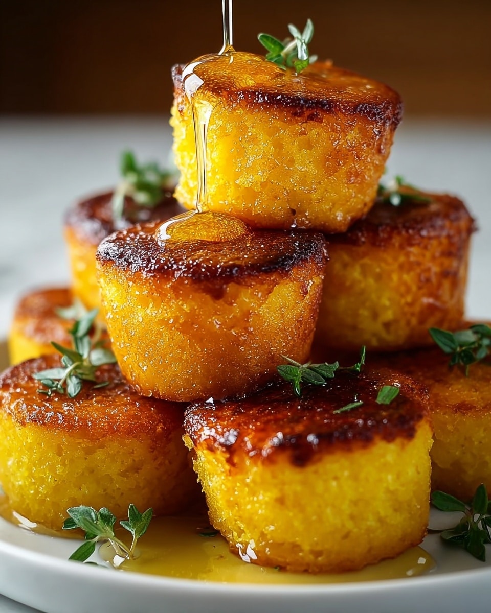 The image shows a stack of six golden-brown, round mini cakes with a crispy top layer. The cakes have a soft and moist yellow inside, highlighted by a glistening honey-like syrup being poured over the top and running down the sides. Small green herb leaves are sprinkled on top and around the cakes, adding a fresh touch. The cakes are arranged in two layers on a white plate, which sits on a white marbled surface. The warm lighting and close-up view emphasize the texture and shine of the syrup and the golden crust. photo taken with an iphone --ar 4:5 --v 7