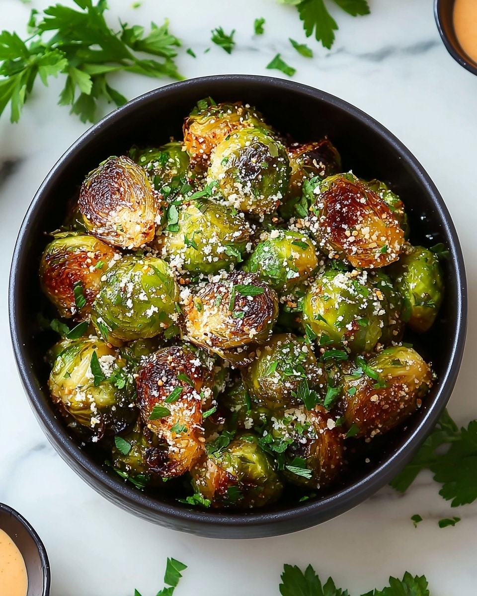 A black bowl filled with about two layers of roasted Brussels sprouts, each sprout showing a mix of golden brown, crispy edges and bright green, tender leaves. The Brussels sprouts are topped with a light sprinkle of white grated cheese and scattered small green parsley leaves. Around the bowl on a white marbled surface, a few pieces of parsley are spread. Partial views of two smaller black bowls with orange dipping sauce and green garnish are seen near the main bowl. photo taken with an iphone --ar 4:5 --v 7