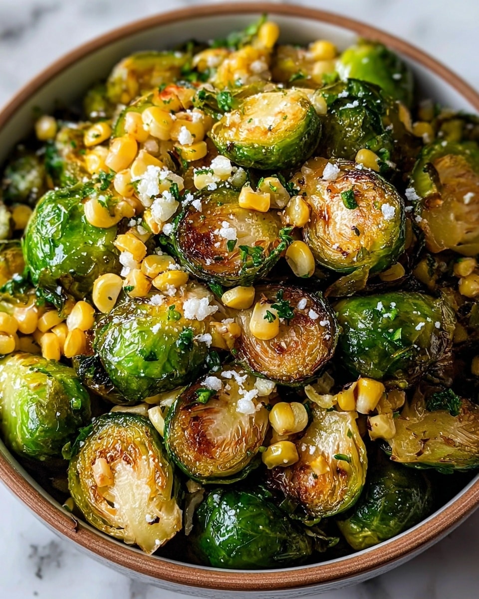 The image shows a close-up of a bowl filled with roasted Brussels sprouts layered with bright yellow corn kernels and sprinkled with white crumbled cheese. The Brussels sprouts are halved and whole, showing a charred golden-brown texture on the cut sides and shiny green on the rounded leaves. Small green herb pieces are scattered throughout, adding a fresh contrast. The bowl is white, placed on a white marbled surface, with a blurred green background adding depth. photo taken with an iphone --ar 4:5 --v 7