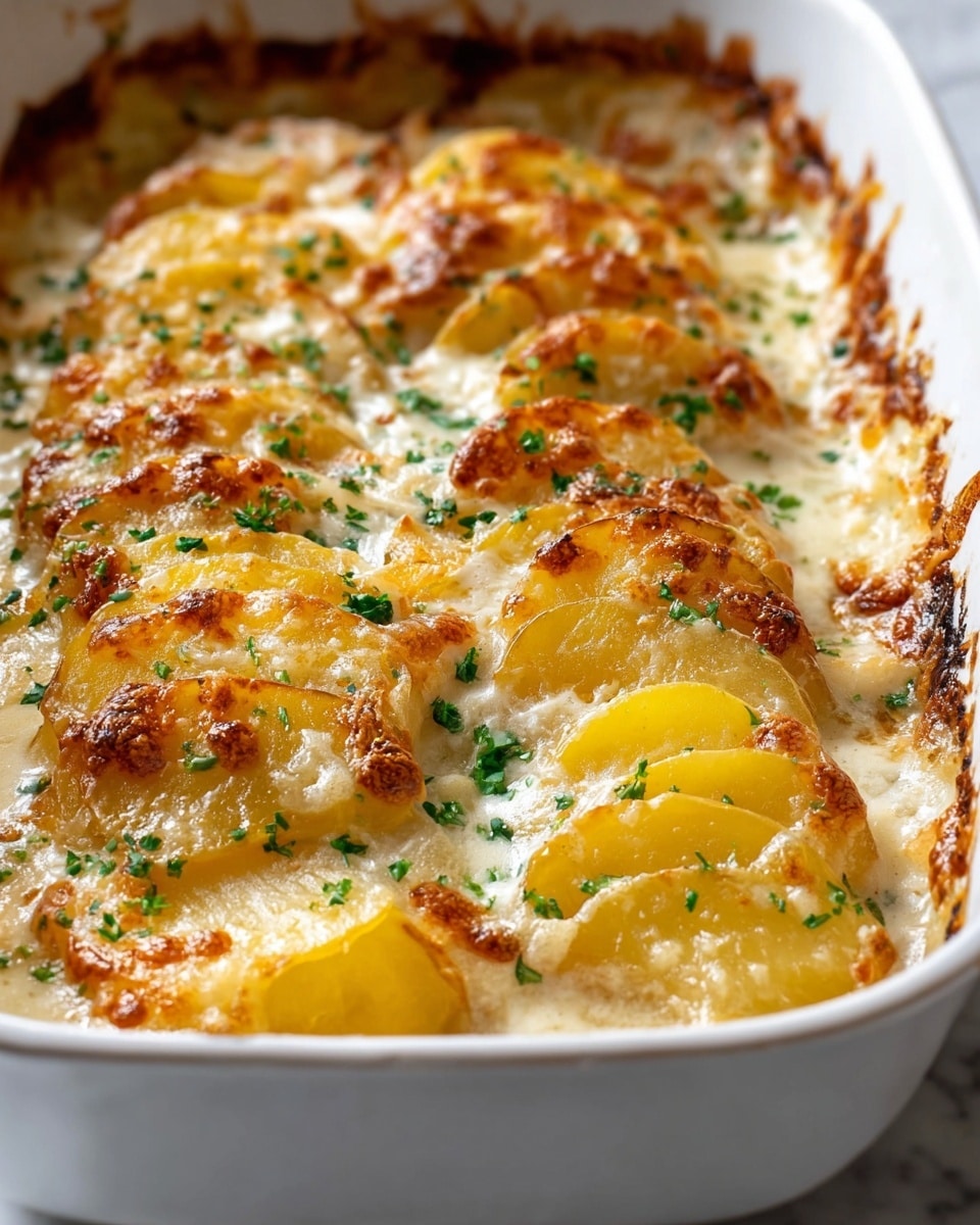 The dish shows a white baking dish filled with layered thin slices of golden yellow potatoes, arranged in tightly packed rows. Each potato slice is covered in a creamy white sauce that bubbles and crisps into a light golden cheese topping. The edges of the potato slices are slightly browned and crispy, adding texture contrast to the soft creaminess. Bright green chopped herbs are sprinkled carefully over the top, adding fresh color. A portion is missing from one corner, revealing the creamy sauce pooling at the base beneath the layered potatoes. The background is a white marbled surface. photo taken with an iphone --ar 4:5 --v 7